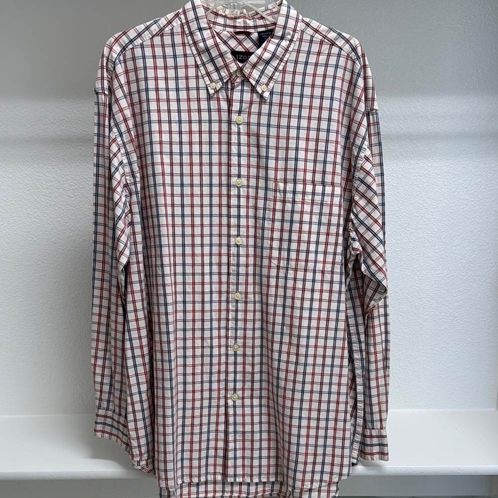 NWT Izod Men’s XL 100% Cotton Long Sleeve Button Down Red Blue Print Dress Shirt